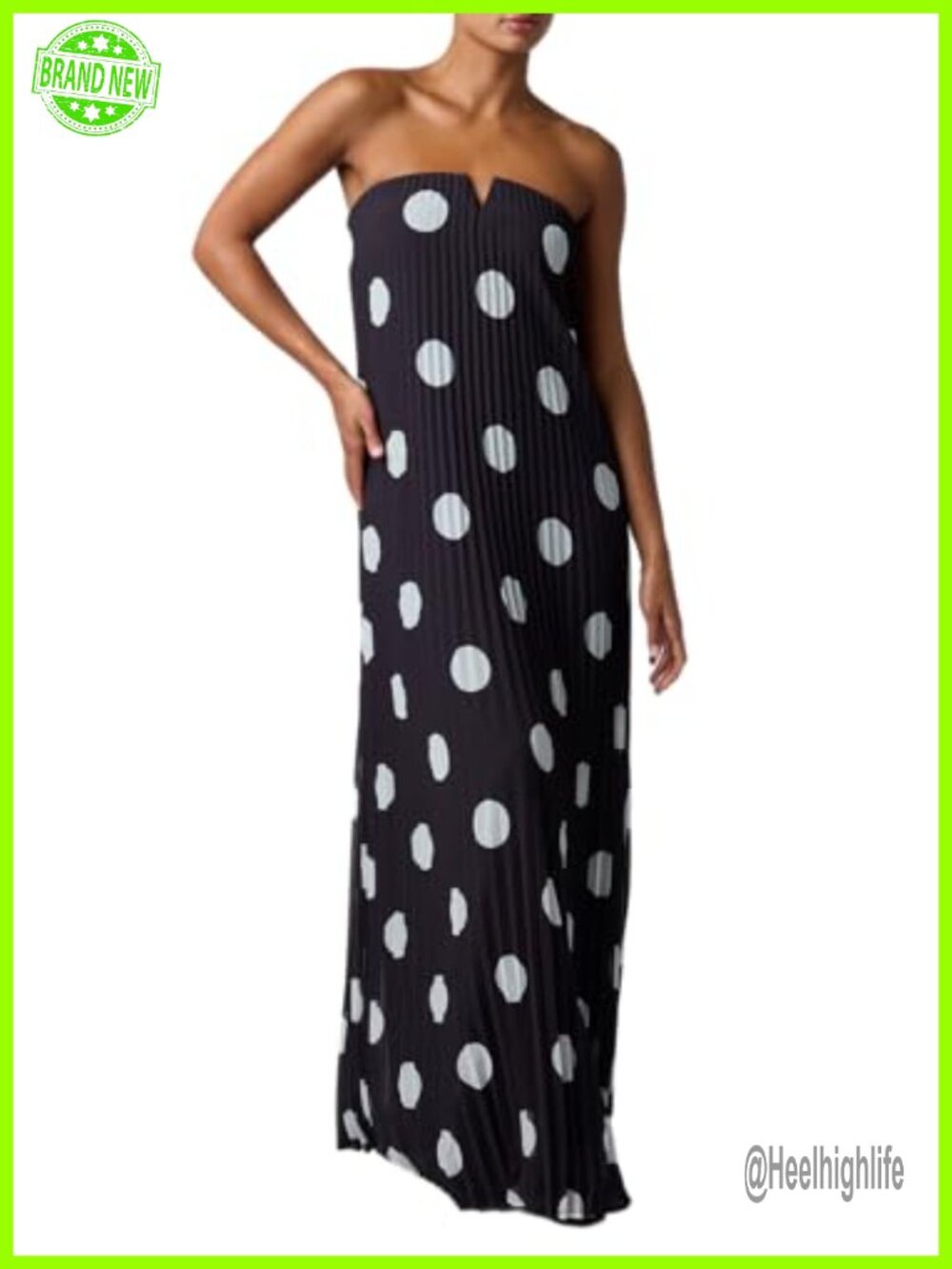 Pleated Polkadot Strapless Maxi Dress Formal Sheath Accordion